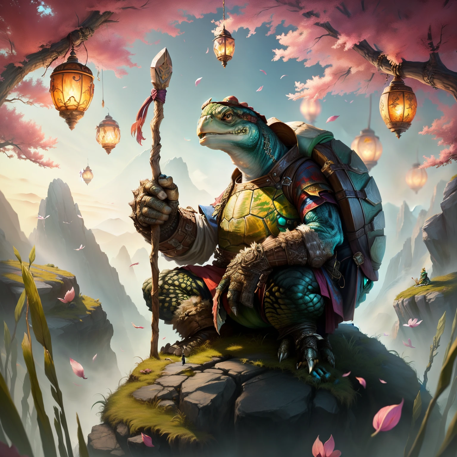 a close up of an angry turtle with a hat sitting on a rock with a stick, scarred from battles, wearing a baseball hat, isometric 3d fantasy turtle, 3 d animated movie, cyril rolando and goro fujita, anthropomorphic turtle hero, animated film, 3 d epic illustrations, 4k highly detailed digital art, 4k art, ‘raya and the last dragon’ etc, 4k detailed digital art.