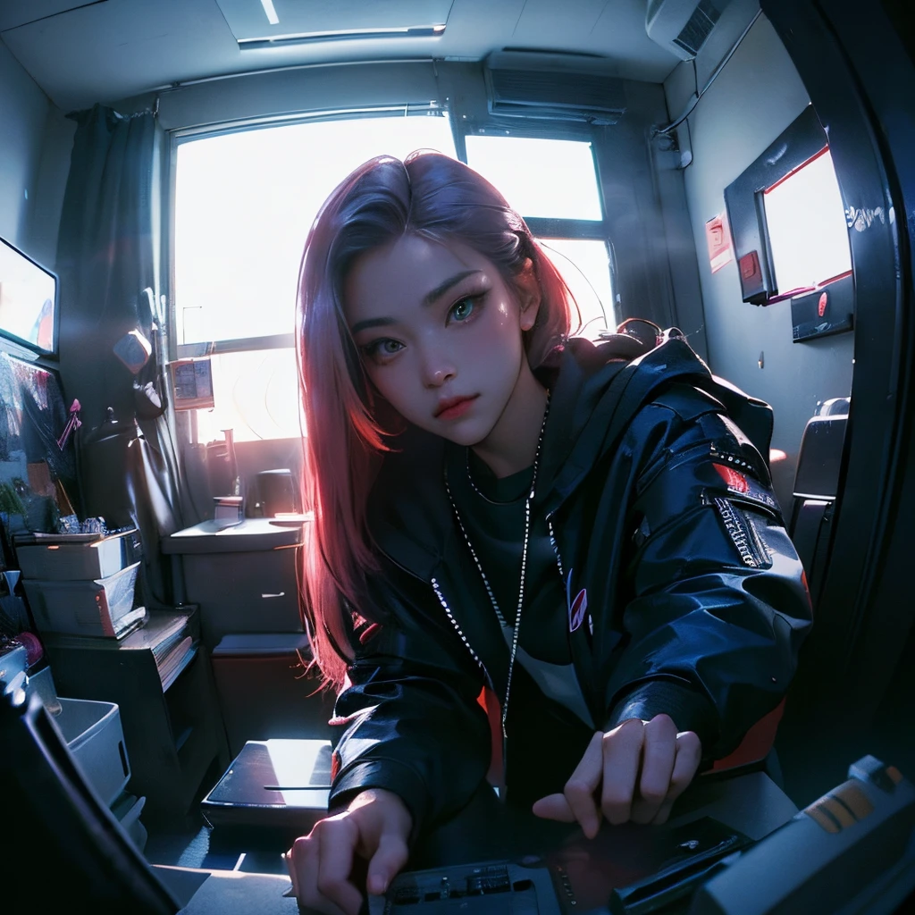 ( Masterpiece, best quality, cinematic lighting, backlit, side light, soft light, fisheye:1.2 ), front pov, ( cyberpunk night street:1.2, leaning against pov), ryujin, narrow face, wearing ootd