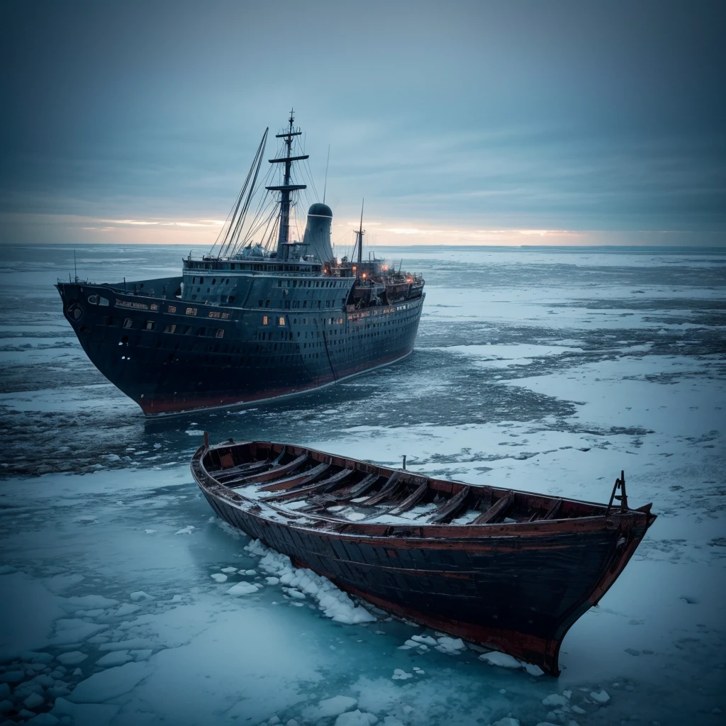 a sunken ship frozen in a frozen ocean. The scenes capture the eerie beauty of the ship encased in ice, contrasting with the vast and harsh frozen landscape around it
