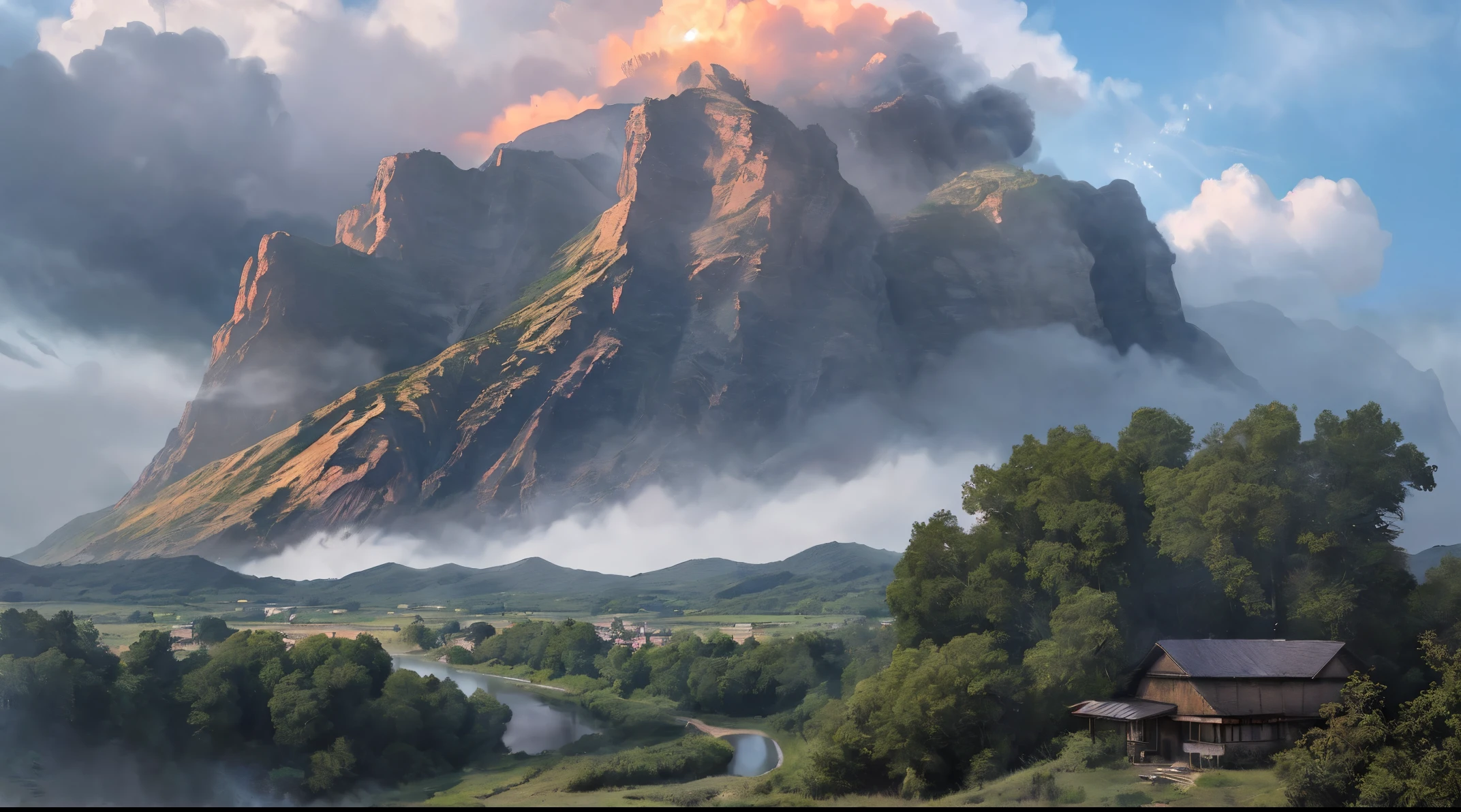 A highly detailed anime illustration,
landscape,
vintage, dreamy,  drawing, trending on artstation, UHD, (((by Quentin de Warren))):1.8, atmosphere, luminosity