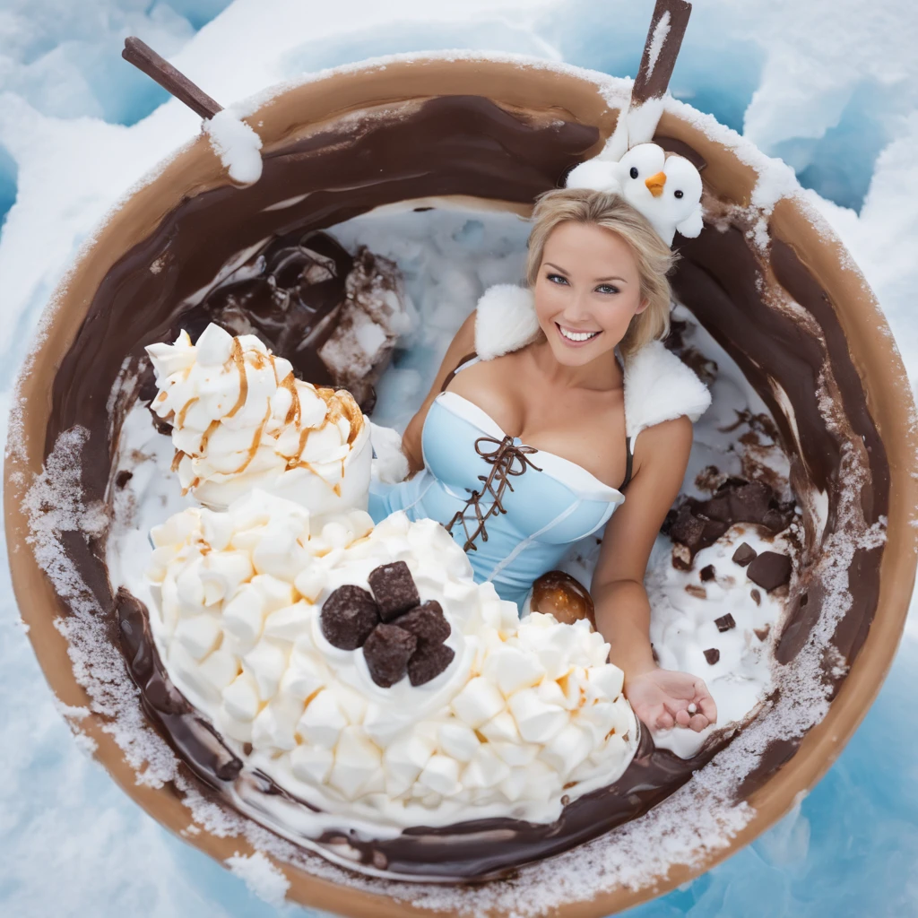 a softly illuminated swedish female relaxing inside of a giant hot fudge sundae, arctic inspired clothing, playful eskimo influenced, baby blue and white, peaceful snowy terrain, arctic animals, outside, fitness model, beautiful body, beautifully shaped breasts, cleavage, pretty face, pretty eyes, smiling, symmetrical image, realistic cream texture, birds eye view