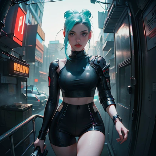 ( Masterpiece, best quality:1.3, fisheye ), backlit, soft light, extremely high detailed, intricate, 8K, HDR, cinematic lighting, top pov, (( cyberpunk night street:1.4, touching against pov, looking at viewer )), ryujin, narrow face, slim waist, plump cheeks, thigh gap , beautiful turquoise eyes, wearing drip ootd