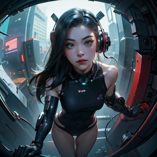 ( Masterpiece, best quality:1.3, fisheye ), backlit, soft light, extremely high detailed, intricate, 8K, HDR, cinematic lighting, above pov:1.4, (( cyberpunk night street:1.4, touching against pov, looking at viewer )), ryujin, narrow face, slim waist, plump cheeks, thigh gap , cybernetics arm, headphones, beautiful turquoise eyes, wearing drip ootd