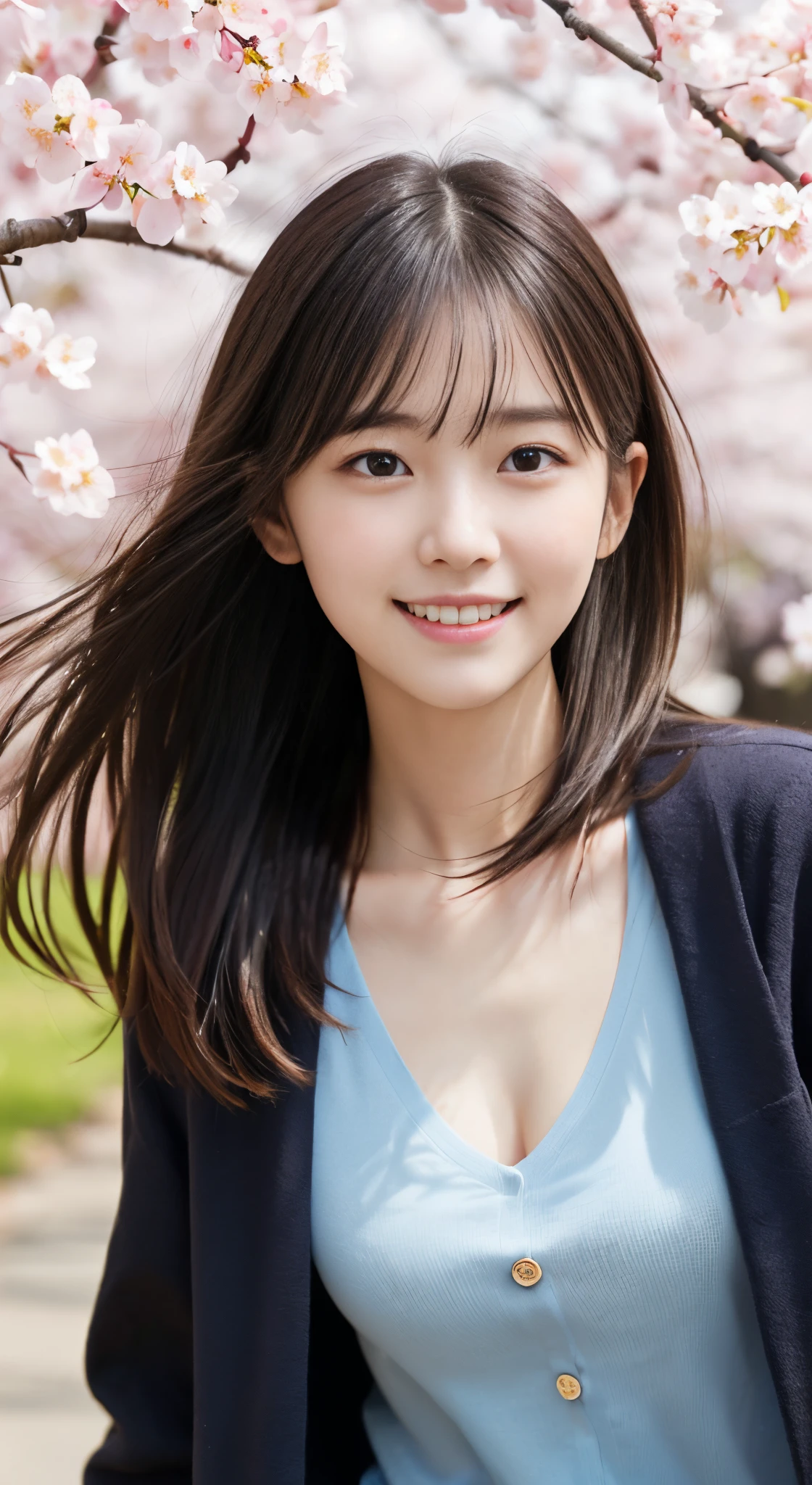 (slender small breasts and long hair,,,、Close up portrait of one girl with dull bangs in spring coat and shirt :1.5)、(Low angle shot of a girl dancing happily、the hair flutters with the wind :1.5)、(Rows of cherry blossom trees in full bloom and cherry blossom petals dancing in the wind:1.5)、(Perfect Anatomy:1.3)、(No mask:1.3)、(complete fingers:1.Phototriaritic、Photography、masutepiece、top-quality、High resolution, delicate and pretty、face perfect、Delicate and beautiful air skin around the eyes、Real Human Skin、pores、((thin legs))、(Dark hair)