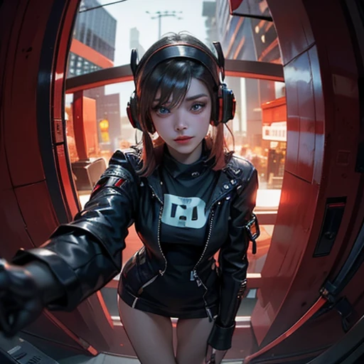 ( Masterpiece, best quality:1.3, fisheye:1.2 ), backlit, soft light, extremely high detailed, intricate, 8K, HDR, cinematic lighting, drone pov:1.8, (( cyberpunk night street:1.4, touching against pov, looking at viewer )), ryujin, narrow face, slim waist, plump cheeks, thigh gap , cybernetics arm, headphones, dark hair with red highlights, beautiful turquoise eyes, wearing loose-fitted drip ootd