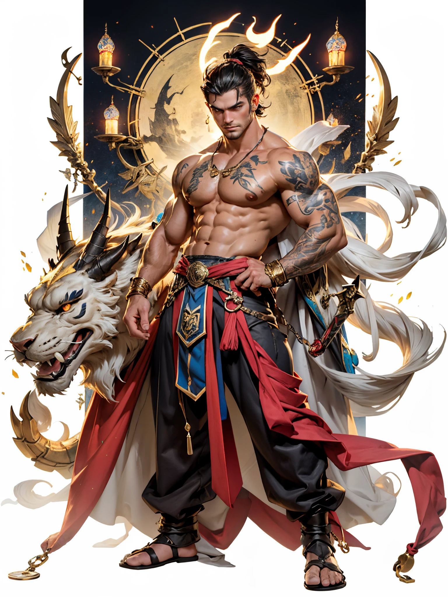 Sculpture design, Figure, (base). male people, warrior, Handsome, muscular, bodybuilder, (with long black hair, grey eyes), red skin, stubble, (shirtless), wearing blue loincloth with gold accents, wearing jewel encrusted harness for weapons, holding sword, (tattoos), gold ornaments, jeweled medallion, lion in background, two moons in background, Systemic vision，semi transparent，Computer graphic arts，A high resolution，32K，3D naked boy，Blind box toy style，best qualtiy，hyper HD, dunhuang_background