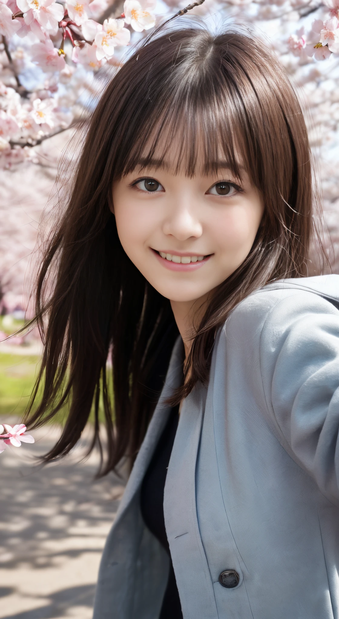 (slender small breasts and long hair,,,,,,,,,、Close up portrait of one girl with dull bangs in spring coat and shirt :1.5)、(Low angle shot of a girl dancing happily、the hair flutters with the wind :1.5)、(Rows of cherry blossom trees in full bloom and cherry blossom petals dancing in the wind:1.5)、(Perfect Anatomy:1.3)、(No mask:1.3)、(complete fingers:1.Phototriaritic、Photography、masutepiece、top-quality、High resolution, delicate and pretty、face perfect、Delicate and beautiful air skin around the eyes、Real Human Skin、pores、((thin legs))、(Dark hair)