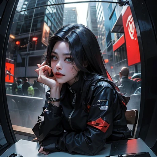 ( Masterpiece, best quality:1.3, fisheye), backlit, soft light, extremely high detailed, intricate, 8K, HDR, cinematic lighting, watching from top, (( cyberpunk night street:1.4, touching against pov, looking at viewer )), ryujin, narrow face, strong jaw, plump cheeks, thigh gap , cybernetics arm, dark hair with red highlights, beautiful turquoise eyes, wearing loose-fitted drip ootd