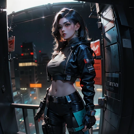 ( Masterpiece, best quality:1.3, fisheye), backlit, soft light, extremely high detailed, intricate, 8K, HDR, cinematic lighting, watching from moon, (( cyberpunk night street:1.4, looking at viewer )), ryujin, narrow face, strong jaw, plump cheeks, thigh gap , cybernetics arm, dark hair with red highlights, beautiful turquoise eyes, wearing loose-fitted drip ootd