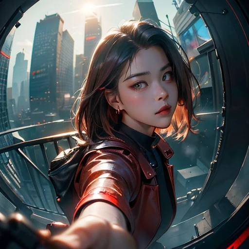 ( Masterpiece, best quality, cinematic lighting, backlit, side light, soft light, fisheye:1.2 ), front pov, ( cyberpunk night street:1.2, extending hand against pov, looking at viewer), ryujin, narrow face, dark hair with red highlights, wearing drip ootd