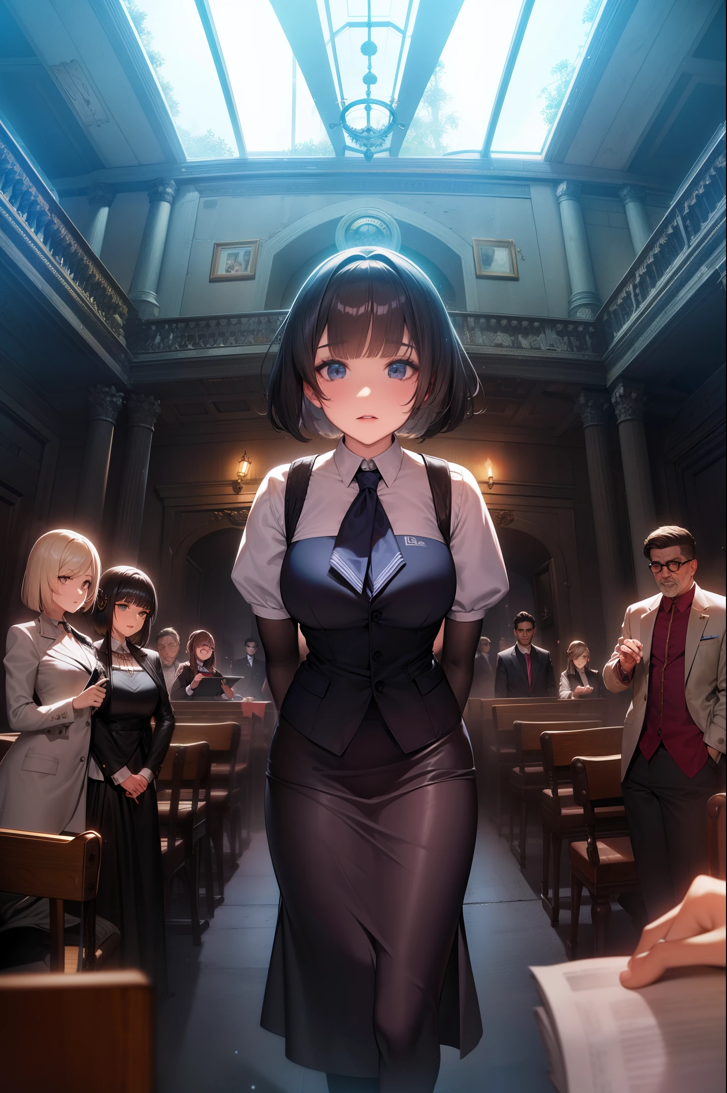 Anime girl in a school uniform standing in a room with other people -  SeaArt AI