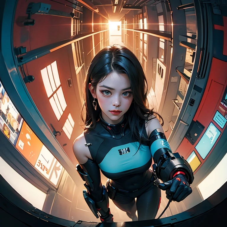 ( Masterpiece, best quality, cinematic lighting, backlit, side light, soft light, fisheye:1.2 ), (( high angle shot overhead pov )), ( cyberpunk night street:1.2, extending hand towards pov overhead, looking at viewer), ryujin, narrow face, strong jaw,  plump cheeks, cybernetic arm, dark hair with red highlights, thug smile,  turquoise eyes, wearing drip ootd