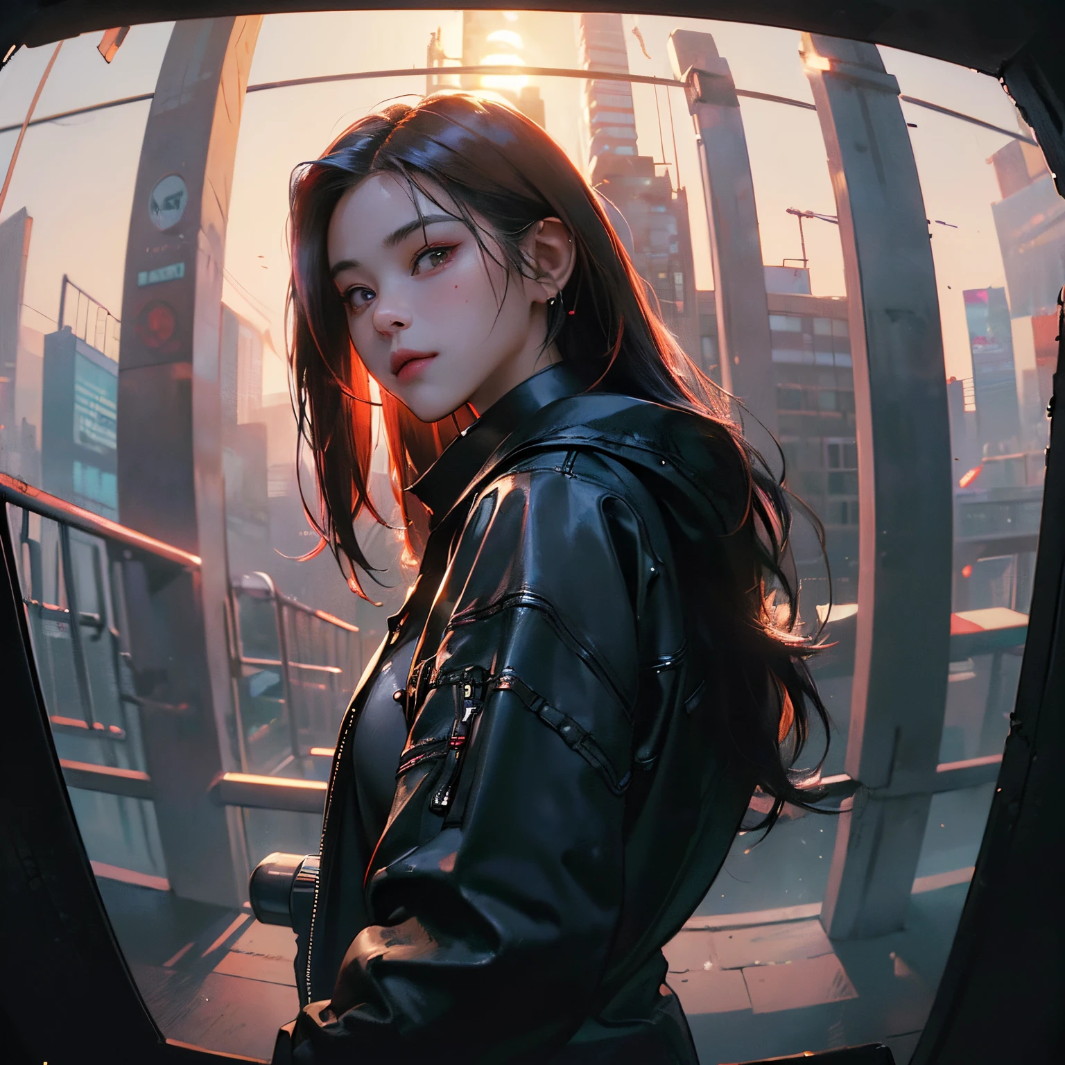 ( Masterpiece, best quality, cinematic lighting, backlit, side light, soft light, fisheye:1.2 ), above pov, ( cyberpunk night street:1.2, extending hand against pov, looking at viewer), ryujin, narrow face, plump cheeks, cybernetic arm, dark hair with red highlights, wearing drip ootd