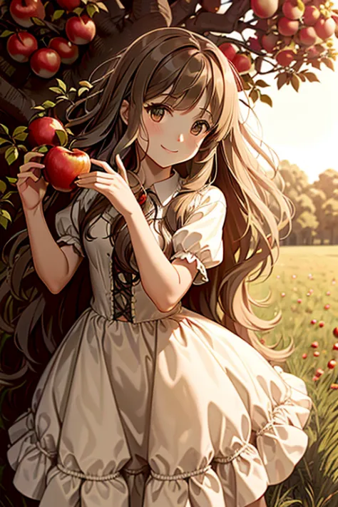 a long-haired woman in a dress who is happy with her hands up under an apple tree