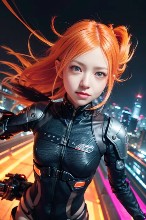 (SFW), Intricate details, 1girl in, Night, (Bright neon color), ((Fly over futuristic cyberpunk city)), Detailed background, (Li...