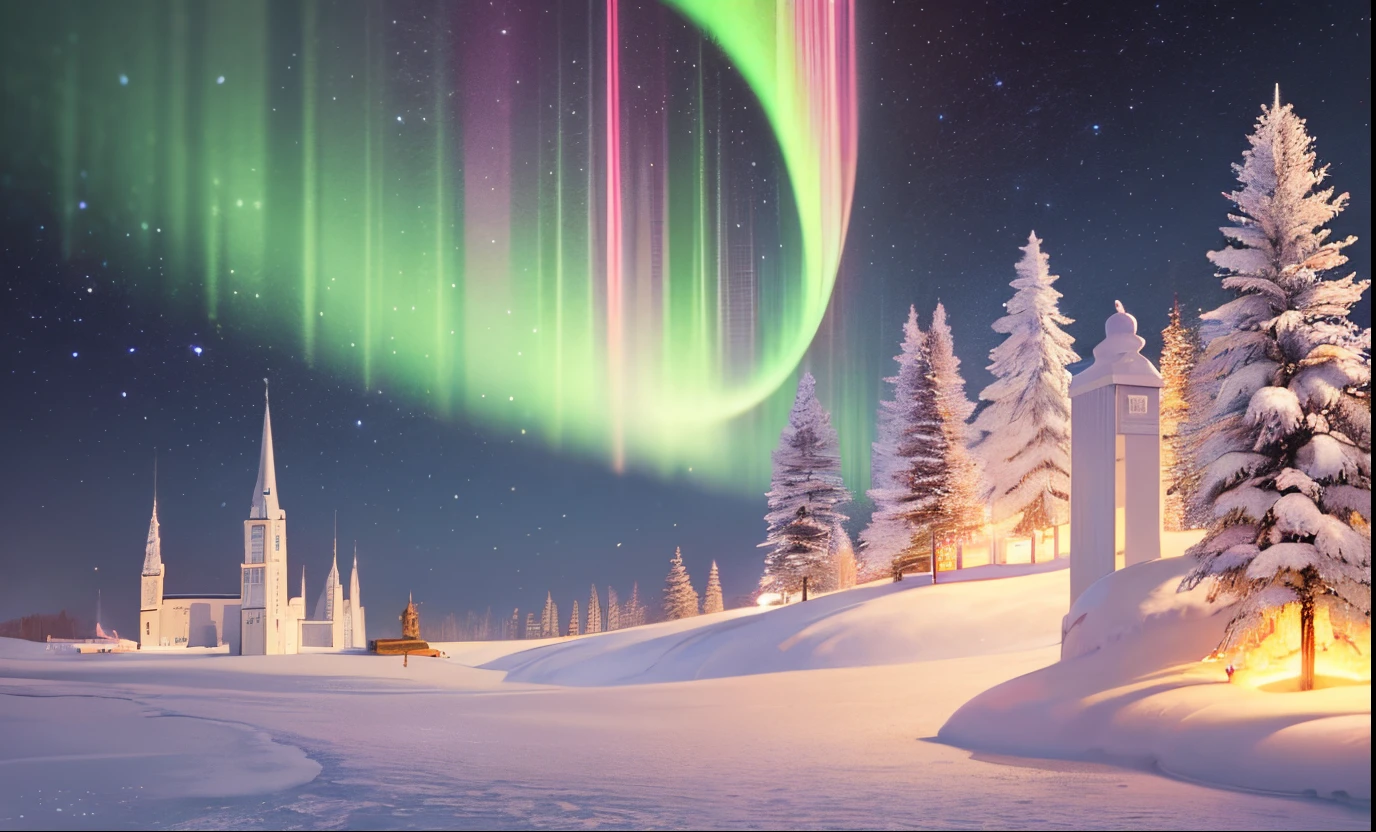 A close up of a snow covered field with trees and a aurora light - SeaArt AI