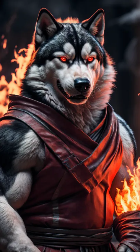 (best quality,16k,32k,Altas,master part:1.2),ultra-detalhado,(Realistic,fotorrealista,photo-realistic:1.37),(Husky Siberiano Orochi definitivo) glowing red eyes realistic fire background of New Mexico totally destroyed in flames alone looking at camera ser...