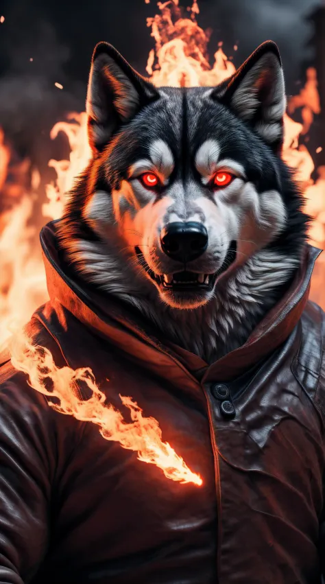 (best quality,16k,32k,Altas,master part:1.2),ultra-detalhado,(Realistic,fotorrealista,photo-realistic:1.37),(Husky Siberiano Orochi definitivo) glowing red eyes realistic fire background of New Mexico totally destroyed in flames alone looking at camera ser...