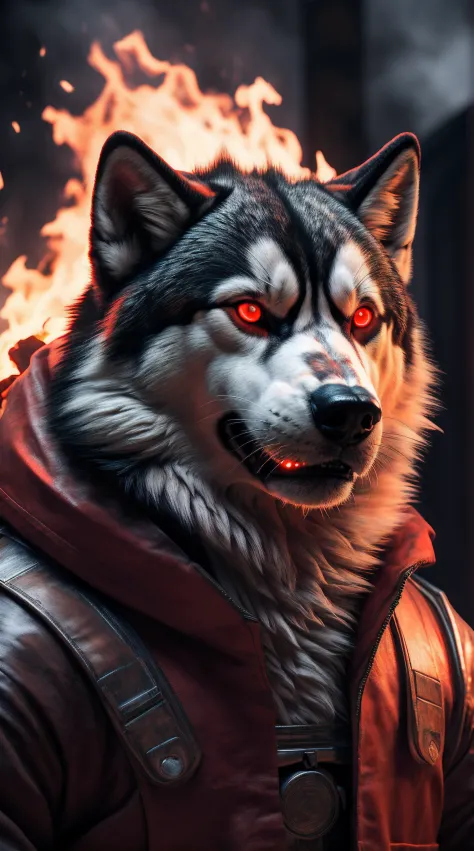 (best quality,16k,32k,Altas,master part:1.2),ultra-detalhado,(Realistic,fotorrealista,photo-realistic:1.37),(Husky Siberiano Orochi definitivo) glowing red eyes realistic fire background of New Mexico totally destroyed in flames alone looking at camera serious expression.