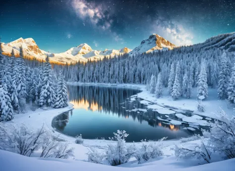 9:16 format, A surreal frozen lake surrounded by majestic mountains, where the  is etched with intricate patterns resembling a celestial tapestry. As you step onto the frozen surface, the snow beneath your feet sings a melodic tune, echoing the quiet majes...