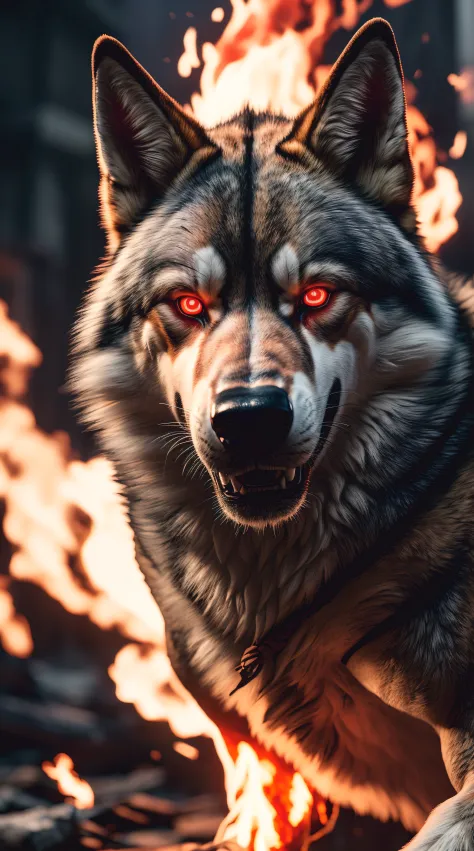 (best quality,16k,32k,Altas,master part:1.2),ultra-detalhado,(Realistic,fotorrealista,photo-realistic:1.37),(last Czechoslovakian wolfdog Orochi) glowing red eyes realistic fire background of Japan totally destroyed in flames alone looking at camera serious expression.