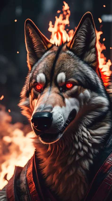 (best quality,16k,32k,Altas,master part:1.2),ultra-detalhado,(Realistic,fotorrealista,photo-realistic:1.37),(last Czechoslovakian wolfdog Orochi) glowing red eyes realistic fire background of Japan totally destroyed in flames alone looking at camera serious expression.