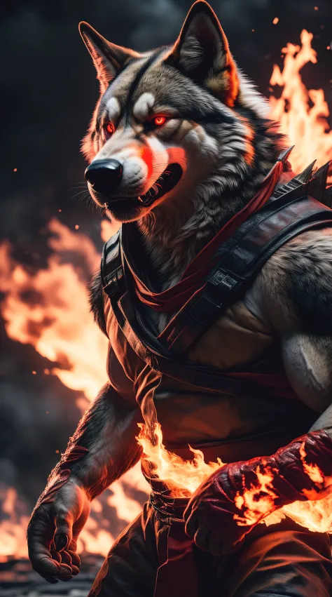 (best quality,16k,32k,Altas,master part:1.2),ultra-detalhado,(Realistic,fotorrealista,photo-realistic:1.37),(last Czechoslovakian wolfdog Orochi) glowing red eyes realistic fire background of Japan totally destroyed in flames alone looking at camera seriou...