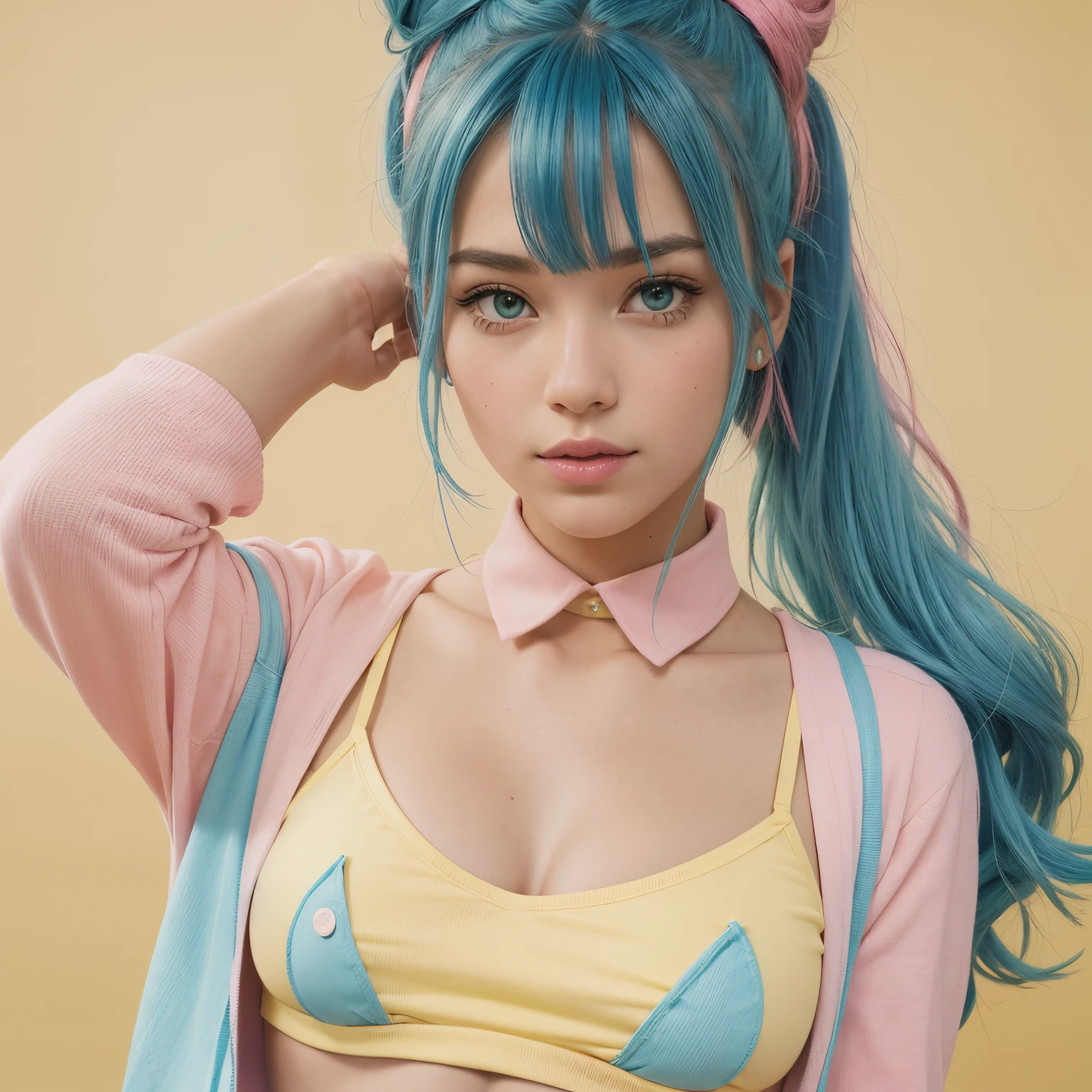 a blue haired cartoon girl with buns, a bang, and some hair left out in the back. a yellow star clip in her hair. she’s wearing a green and pink stripped shirt and the sleeves are also stripped with the same colors. a light tealish blue crop top over it with a pink tie and collar. with pink fishnets on her arm with yellow accents at the top.