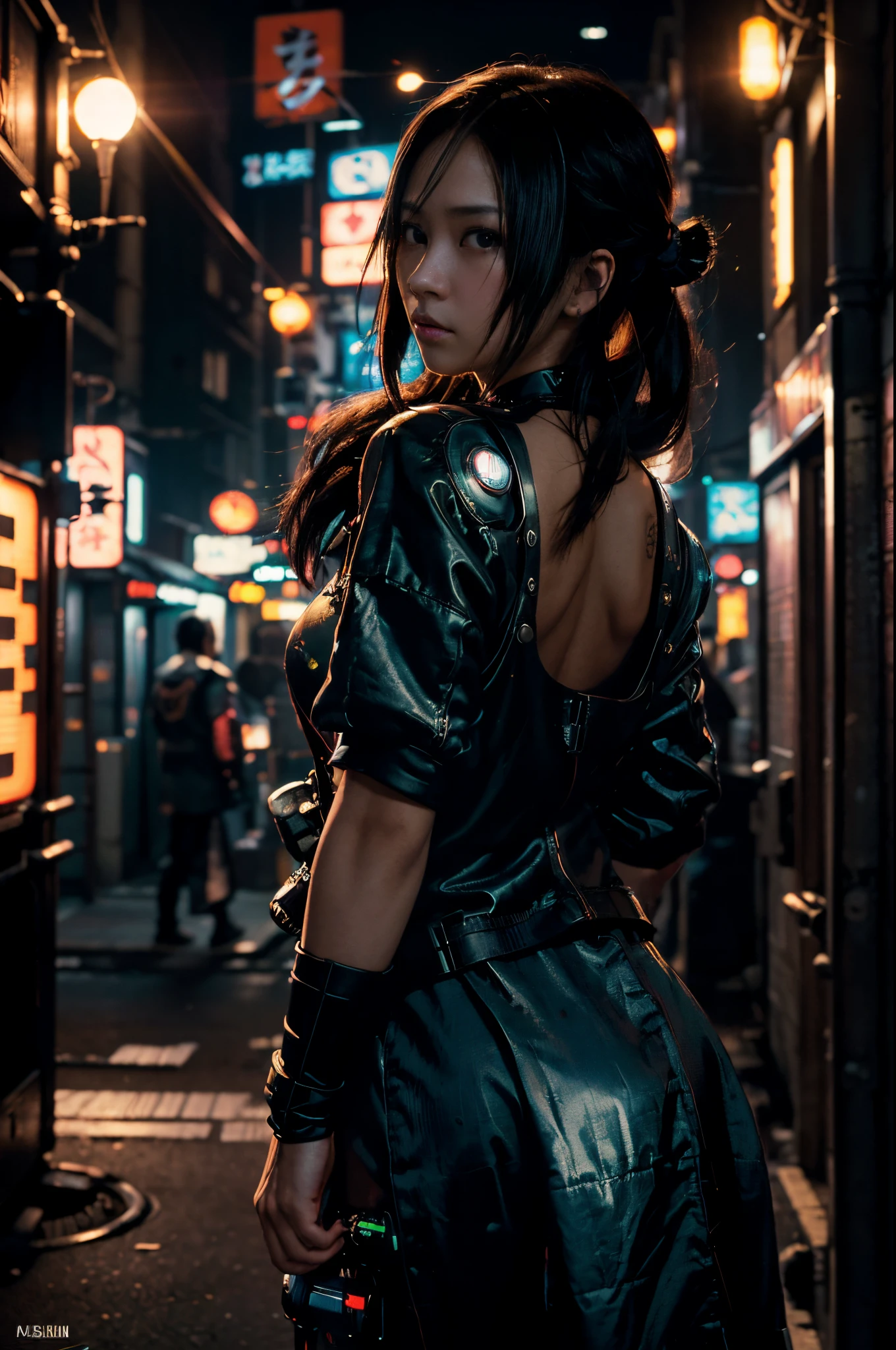 ( masutepiece, Best Quality, Cinematic lighting, Back lighting, side lights, Soft light, Fisheye:1.2 ), front pov, ( cyberpunk night street:1.2, rely on POV), Ryujin, Narrow face, Wearing