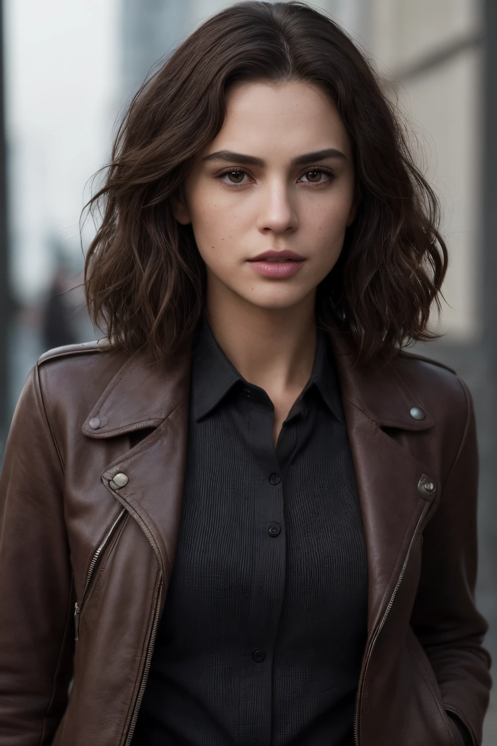 Breathtaking cinematic photo of a 30 year old girl with brown hair and eyes, angry, leather jacket, black clothes, black dress shirt, shirt, jeans, beautiful lips, intricate details, shallow depth of field, highly detailed Hollywood film and high-budget, epic, beautiful, masterpiece, award-winning, professional, highly detailed, detailed skin texture, (blush: 0.5), (goosebumps: 0.5). (the most beautiful woman in the world) (brown hair) (short curly hair, unruly hair, stylish cut) thin face, thin nose, beautiful, very beautiful, perfect face, slender body (slender), (brown hair) (brown eyes) (white skin) Beautiful body, western face, predatory eyes, pink lips, thick thighs. full body, western beauty, thin nose, beautiful, perfect, ((best quality)), ((ultra resolution)), ((photorealistic: 1.4)), (intricate details), perfect face, makeup: 1.5 , clear face, facial details. front view (poster scene, film scene) (action, combat, explosion in the background, shooting) night, dark, gun in hand.