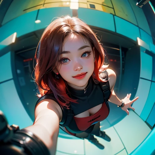 ( Masterpiece, best quality , cinematic lighting, backlit, side light, soft light, shot from above , 70mm lens, depth of field, fisheye:1.2 ), ((pov from above:1.4)), ( cyberpunk nightclub:1.5, high detailed background, extending hand towards viewer overhead ), ryujin, ( narrow face, strong jaw,  plump cheeks, cybernetic arm, dark hair with red highlights, thug smile,  turquoise eyes, wearing drip ootd )