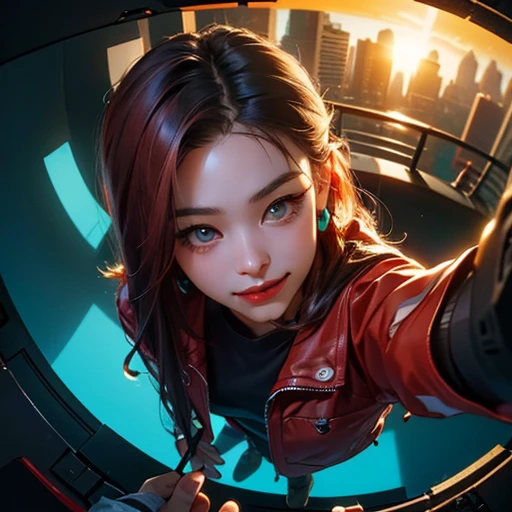 ( Masterpiece, best quality , cinematic lighting, backlit, side light, soft light, shot from above , 70mm lens, depth of field, fisheye:1.2 ), ((pov from above:1.4)), ( cyberpunk nightclub:1.5, high detailed background, extending hand towards viewer overhead ), ryujin, ( narrow face, strong jaw,  plump cheeks, cybernetic arm, dark hair with red highlights, thug smile,  turquoise eyes, wearing drip ootd )