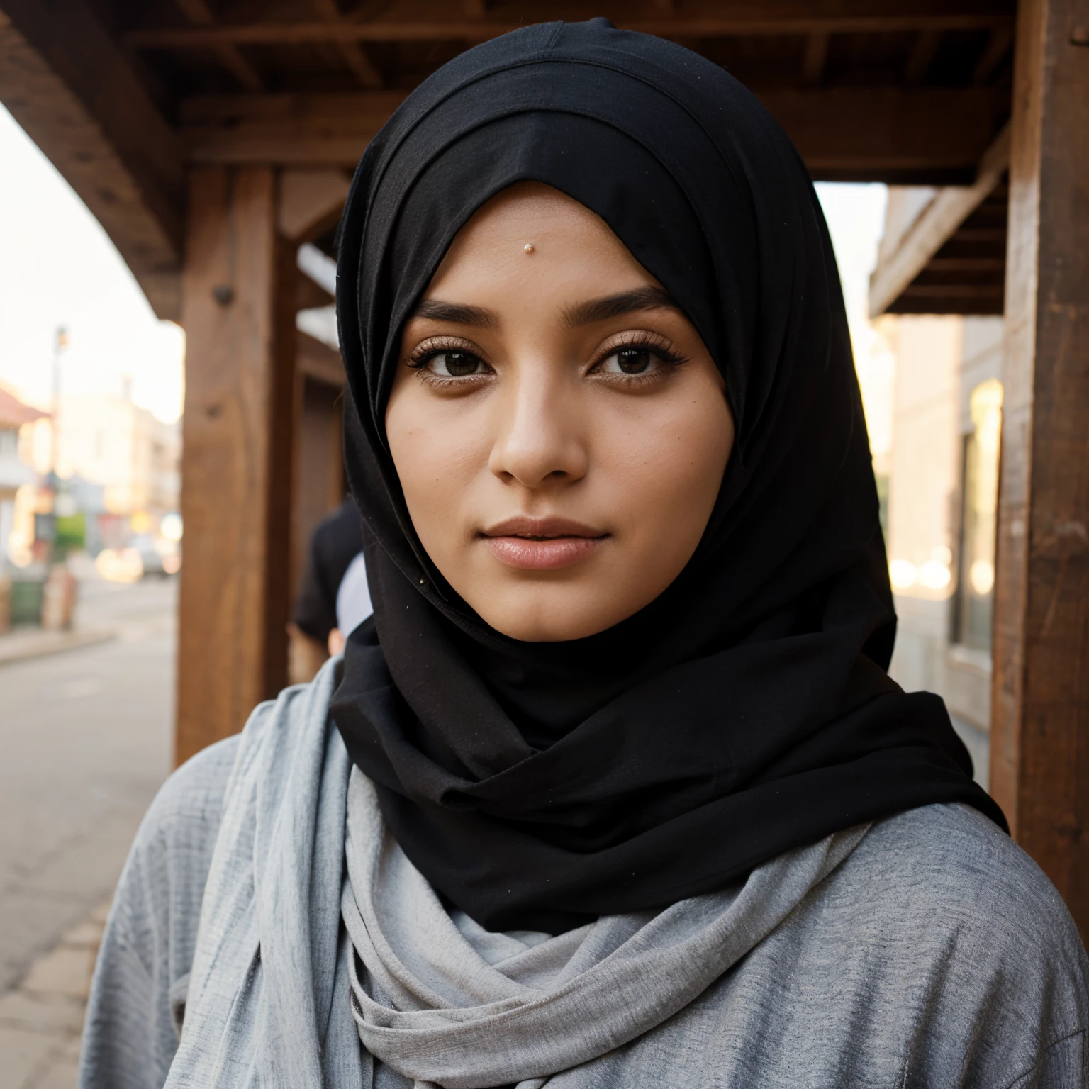 Arafed woman wearing a black scarf and a gray shirt - SeaArt AI