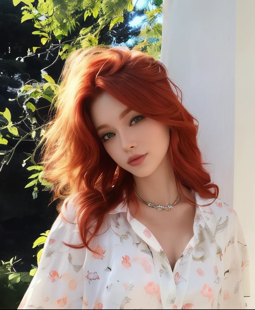 A close up of a woman with red hair and a white shirt - SeaArt AI