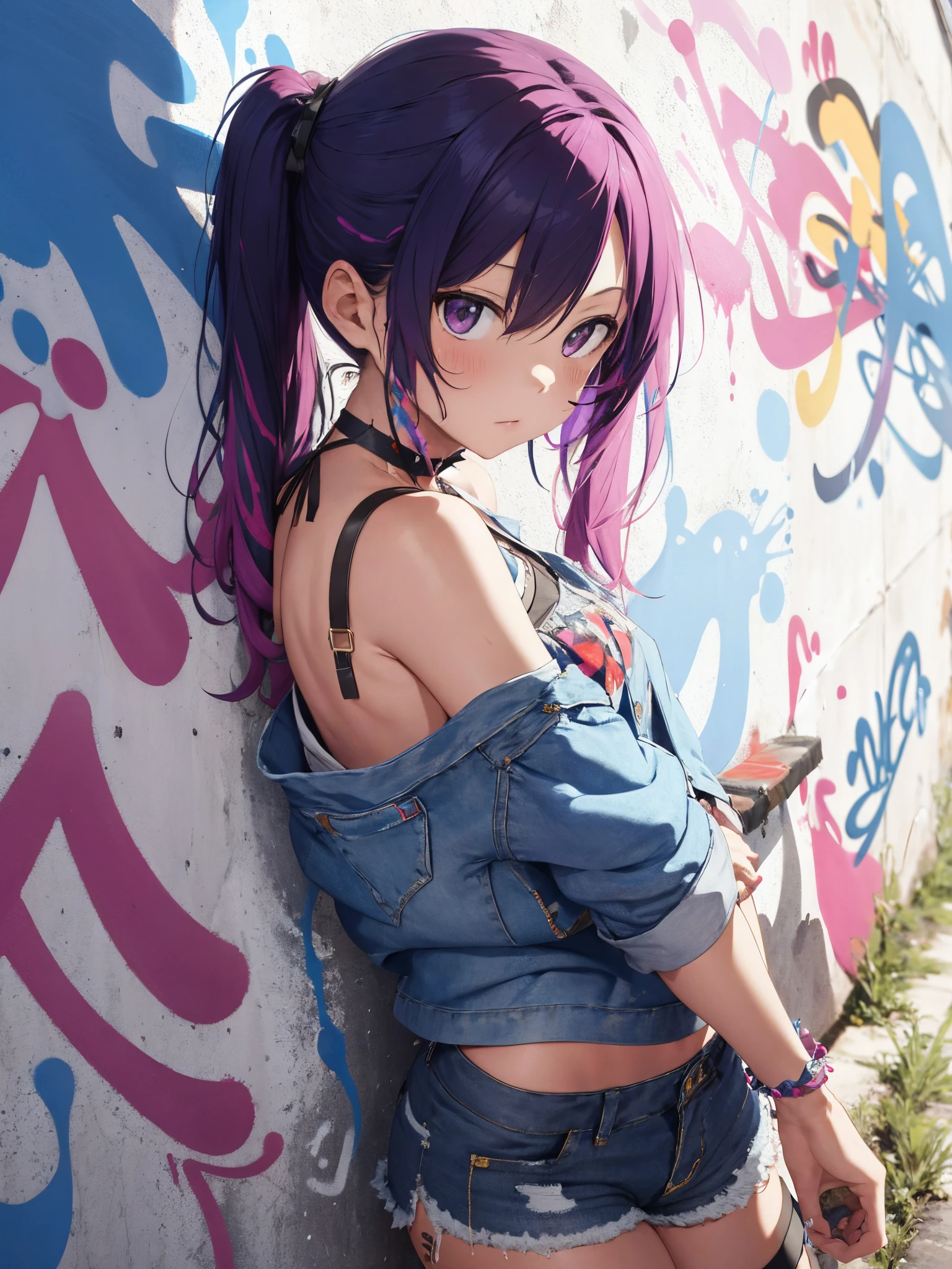 absurdres, best quality,1girl, solo, streaked hair, crop top, denim shorts, choker, (graffiti:1.25),  paint splatter, arms behind back, (slouching), leaning back, against wall, (leaning to the side:0.125), looking at viewer, armband, thigh strap, rainbow hair, paint on body, upturned eyes, head down, head tilt, (from side:1), (expressionless:0.75),  lam \(ramdayo\),  diffraction spikes,