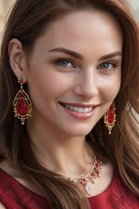 real, photoshoot, realistic, masterpiece, best quality, (detailed beautiful face, detail skin texture, ultra-detailed body:1.1),
1girl, v1ctor1aped-smf, jewelry, solo, realistic, earrings, necklace, long hair, smile, looking at viewer, brown hair, red dres...