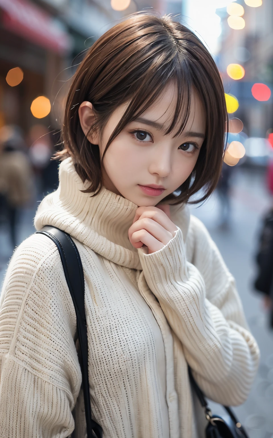 可愛的 21 歲日本、晚上、圣诞节、购物、超細節臉部、細節之眼、雙眼皮、美麗的細鼻子、銳利的焦點:1.2、漂亮女人:1.4、(淺棕色的頭髮,短髮, 白皮膚、頂級品質、發光、傑作、超高解析度、(真實感:1.4)、可愛花俏的冬衣、