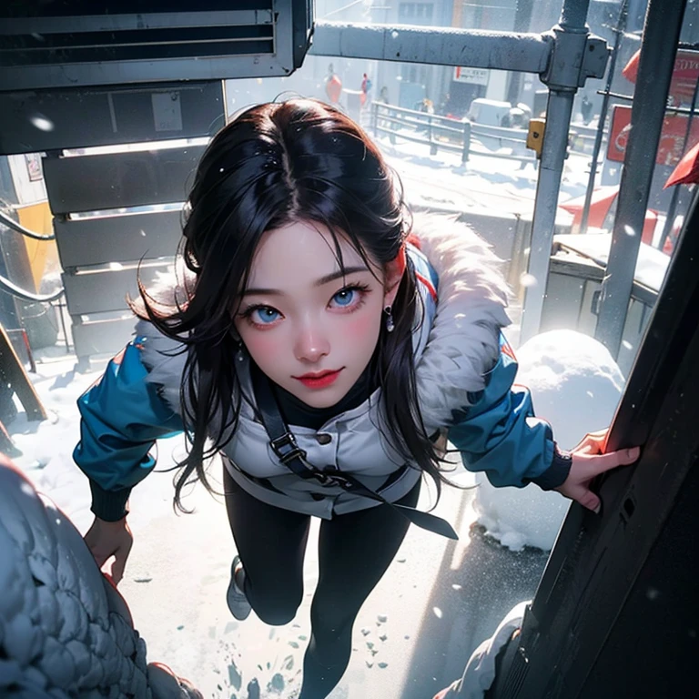 ( Masterpiece, best quality , shot from above, 100mm lens, fisheye), ((pov from above:1.4)), (( subway station:1.5, snow season, heavy snow, high detailed, intricate details, running away from viewer )), kazuha, ( narrow face, strong jaw,  plump cheeks, dark hair , cute smile, thigh gap, beautiful baby blue eyes, wearing loose-fitted drip ootd ), (backlit, soft light, particles, raytracing, HDR, 8K, cinematic lighting, tetradic, UHD)