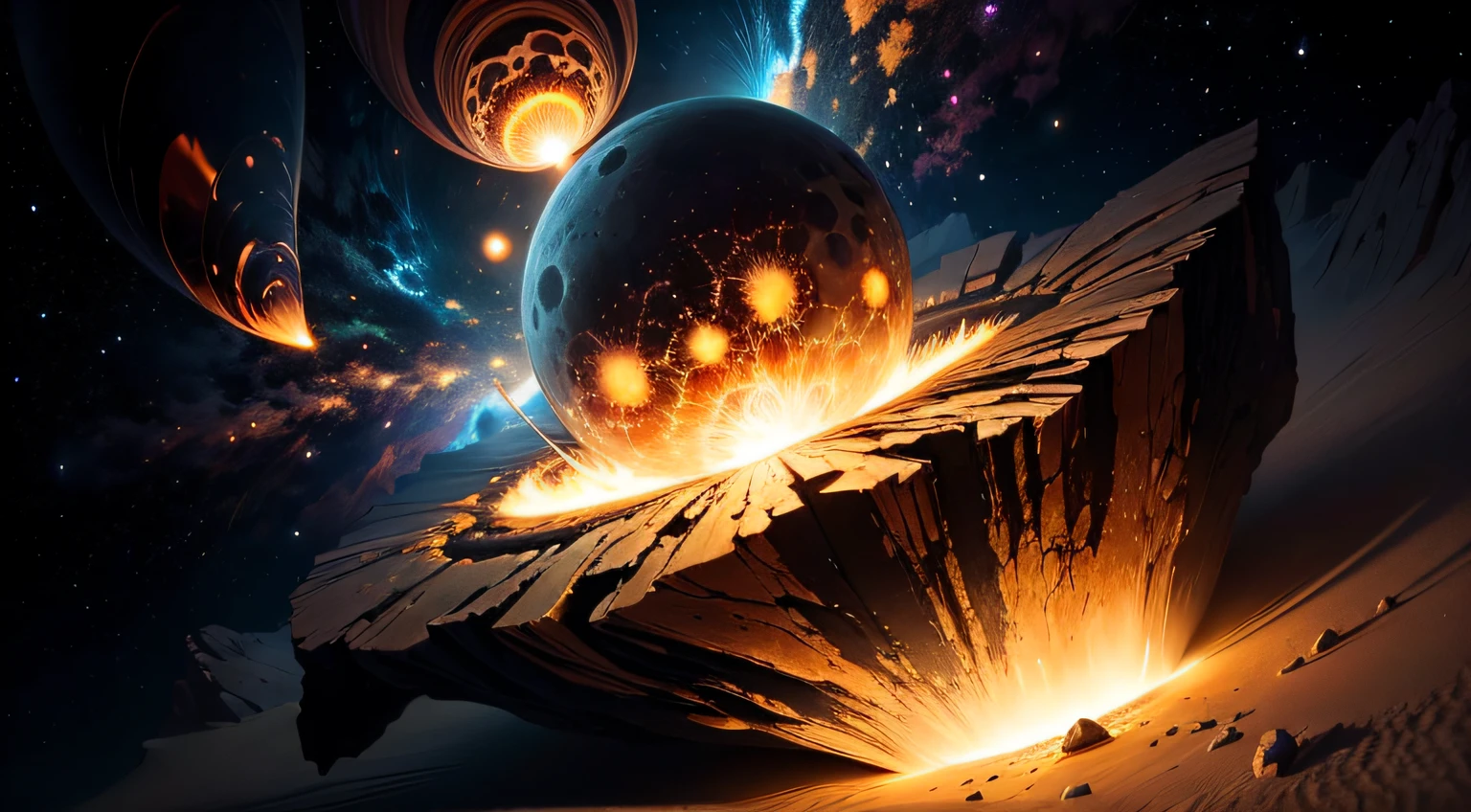 Draw a drawing that starts with a cosmic scene of a star explosion, showing glowing carbon particles, oxygen and iron being expelled. In the center of the explosion, a golden glow begins to form, representando a origem do ouro. The image then transitions to Earth, illustrating the geological process with deep layers and extreme pressures that shape golden formations.
