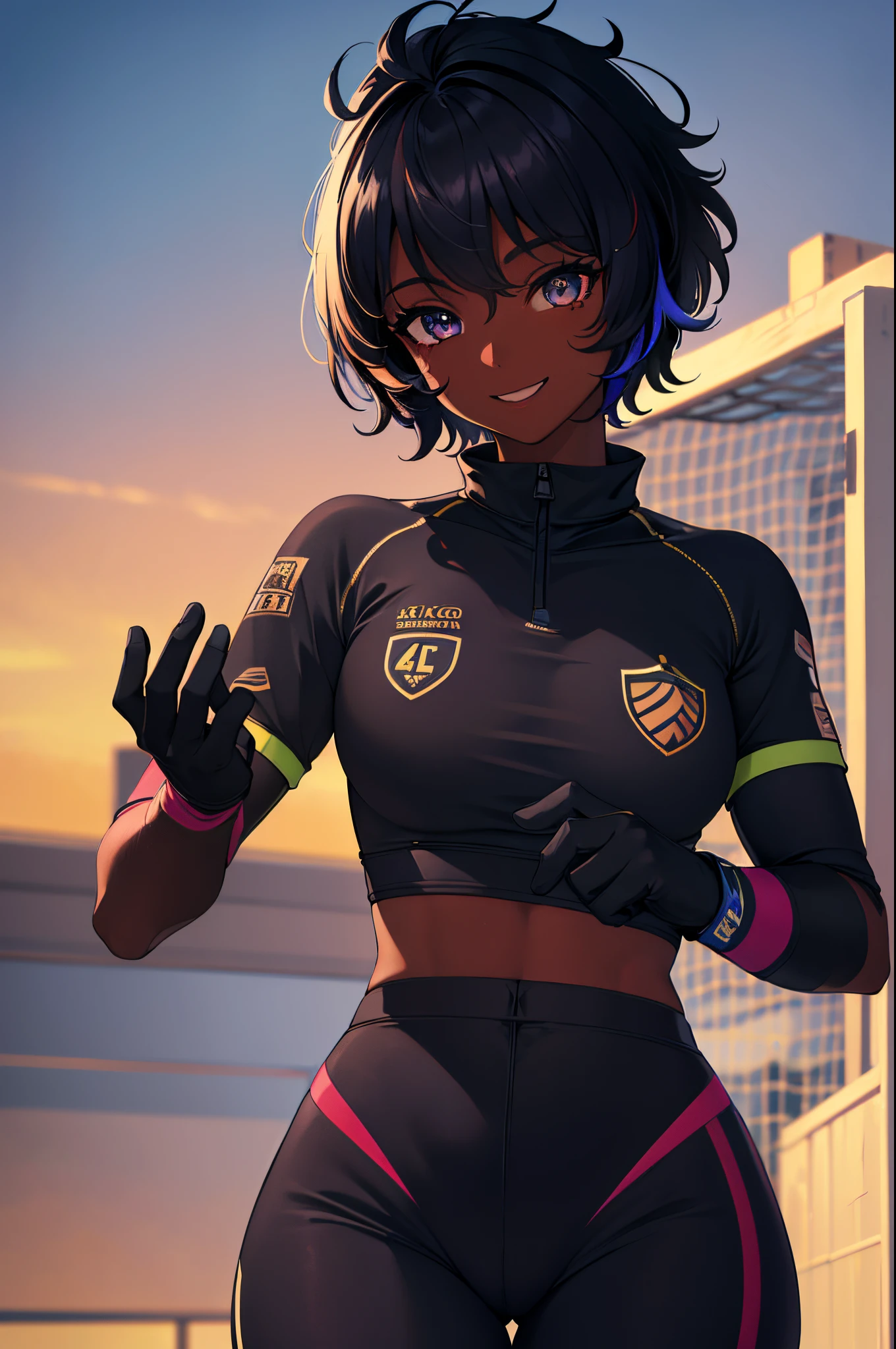 (best quality,4k,8k,highres,masterpiece:1.2),ultra-detailed,Atlas:1.2,(golkeeper),(golkeeper gloves)solitary,black girl,short hair,smiling,Pants,sportswear,soccer field,Diamond,multicolored hair,multicolored eyes