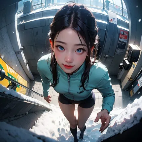 ( Masterpiece, best quality , shot from above, 100mm lens, fisheye), ((pov from above:1.4)), (( subway station:1.5, snow season,...