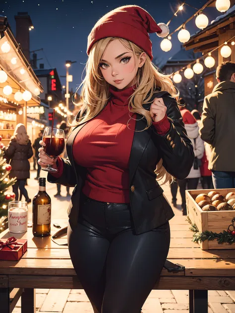 Night, winter, christmas market, voluptuous woman with a curvy body, wearing a top, winter coat, tight pants, long hair, no hat,...