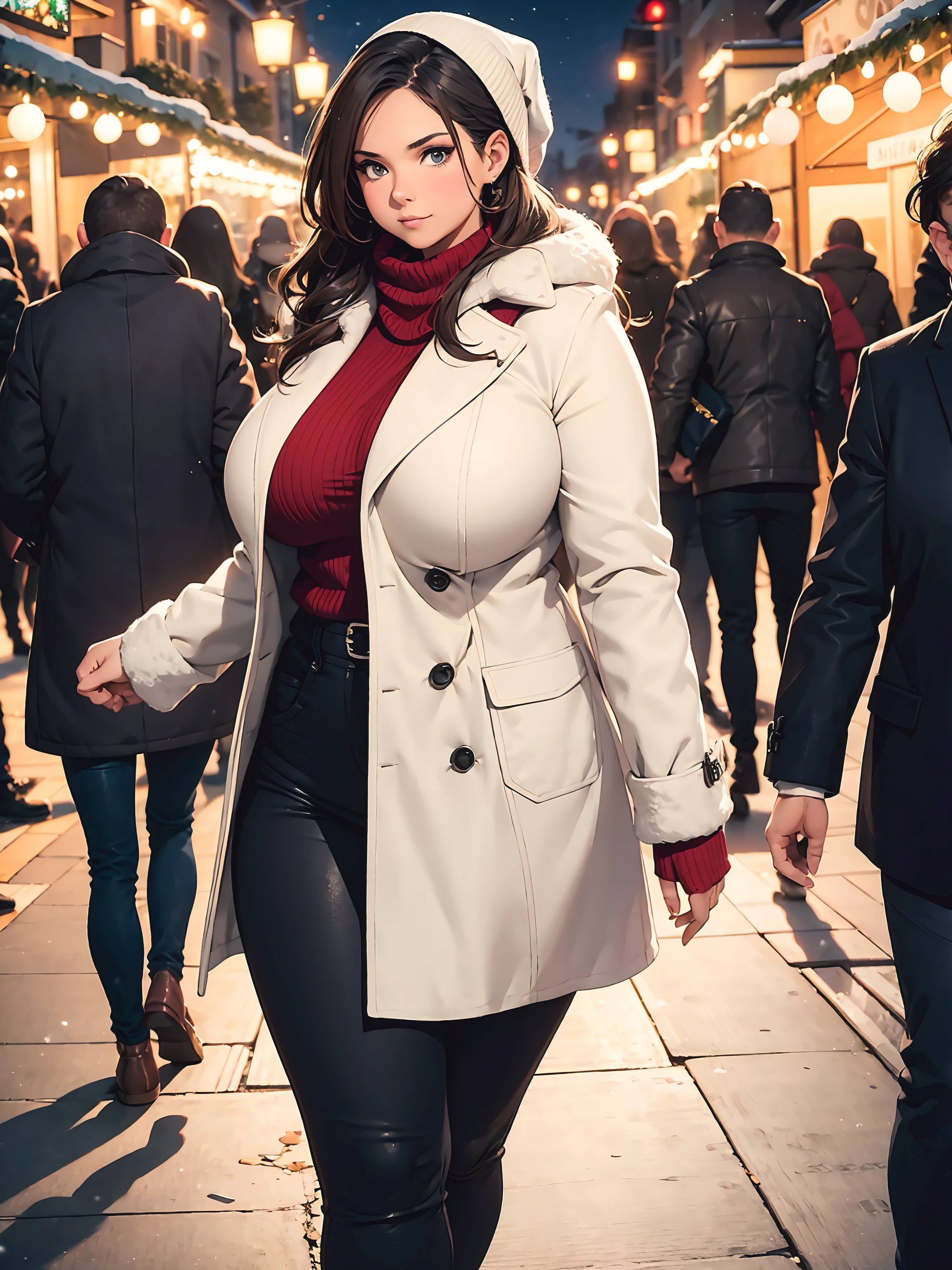 Night, winter, voluptuous woman with a curvy body, wearing a open winter coat, tight pants, walking away from a christmas market, looking aroused, bokeh, depth of field, low angle shot,