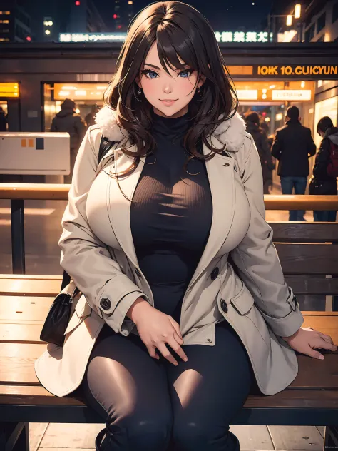 Winter, night, voluptuous woman with a curvy body, wearing a open winter coat, tight pants, sitting on a bench in a underground ...