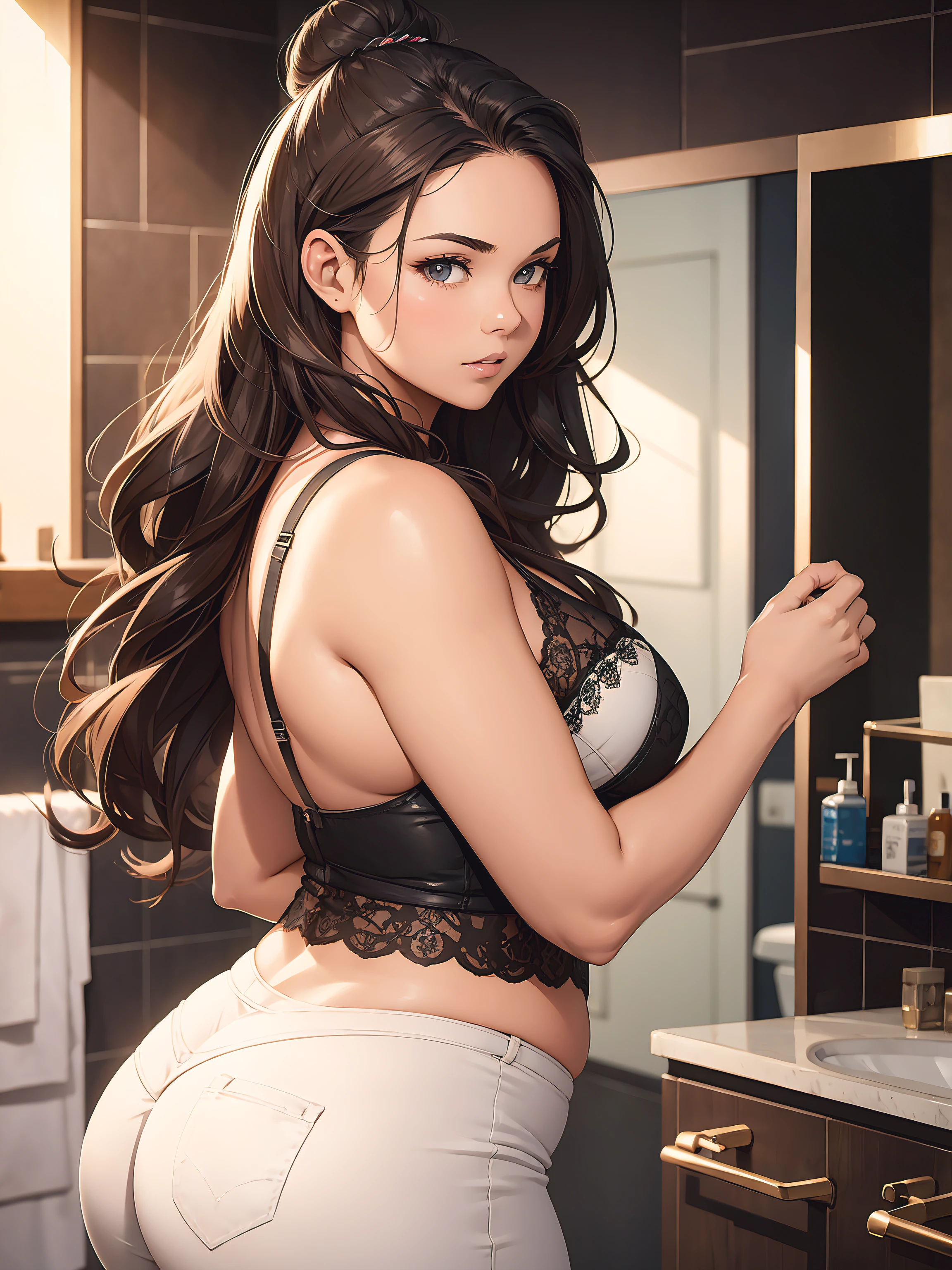 voluptuous woman with a curvy body, in a bathroom, she is wearing a laced bra, tight pants, bun, depth of field, shot from the side, High angle,
