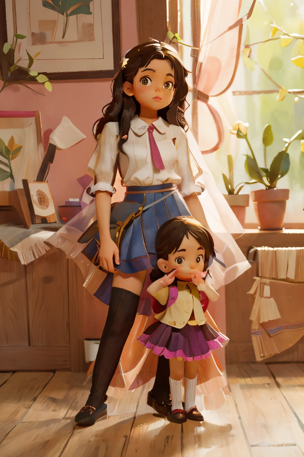 a women and a little gir standing next to each other on a sidewalk, alena aenami and lilia alvarado, fashion model, modeling for dulce and gabanna, full body cute young lady, two models in the frame, two girls, thighhighs and skirt, tall and slim, gorgeous young model, mini-skirt, style of julia razumova, beautiful model girl