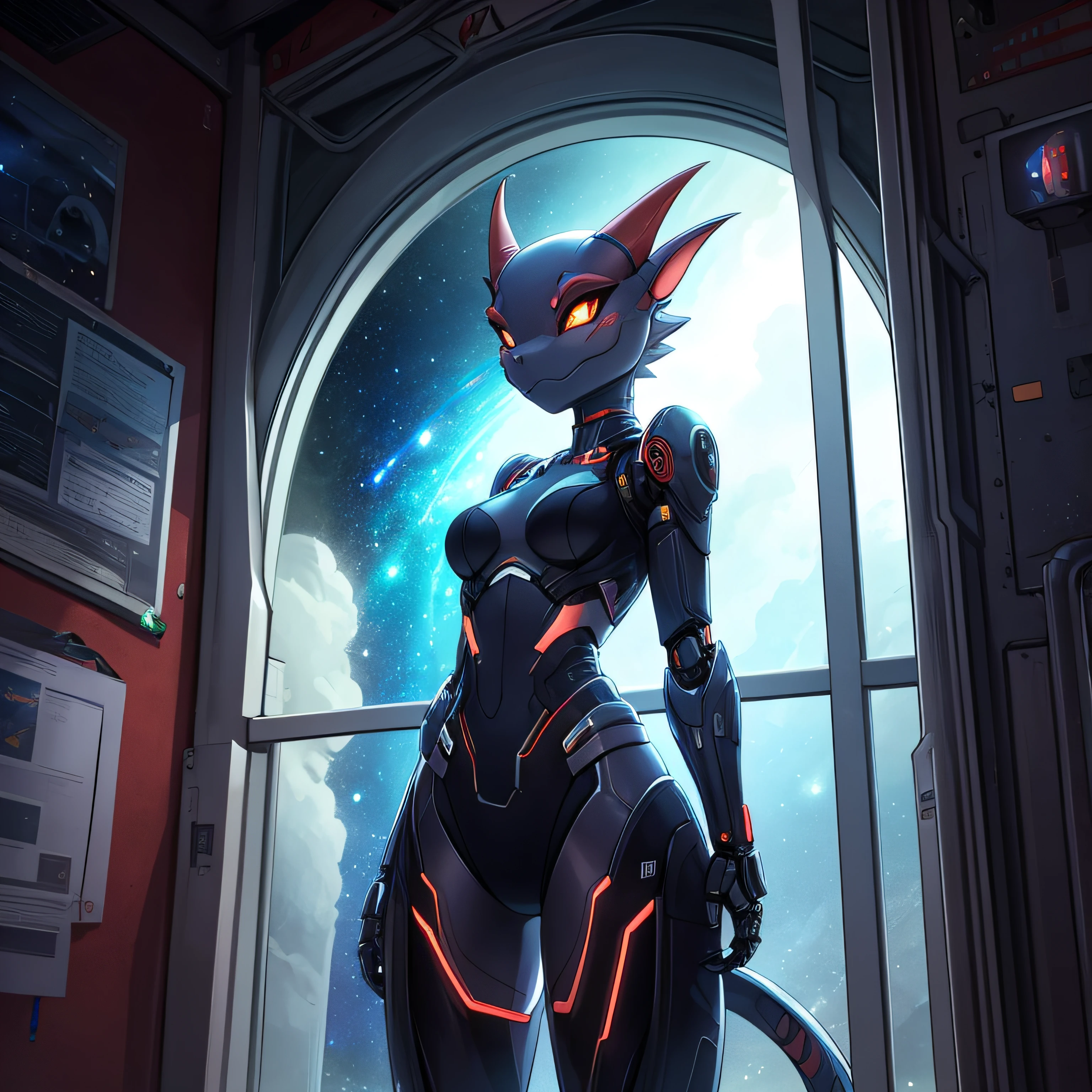 female, furry, metalic, robotic, anthro, kobold, short, small breasts, thin body, standing in cell, science fiction, looking out window, galaxy, stars, high quality, masterpiece,