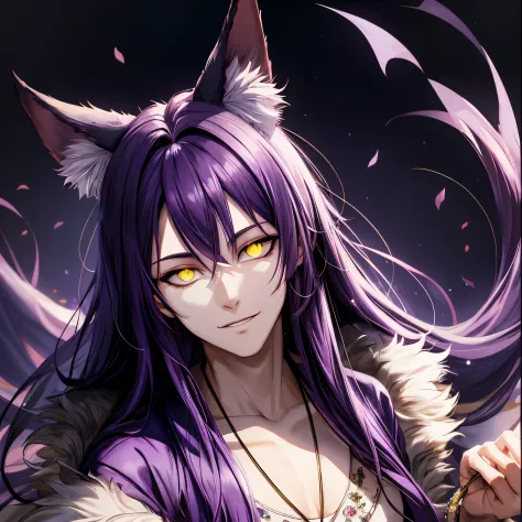 Olhos dourados, kitsune man, purple hair fluffy ears, handsome man