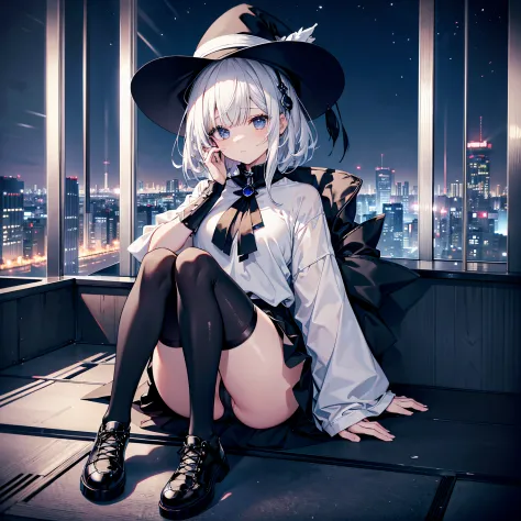 An adult woman lingering on the roof of a building overlooking the night view of Tokyo and the sea.、She has white lob hair with a short bob and wears a large black witch hat with sapphire accessories.、her appearance is stylish、she is wearing a long black c...