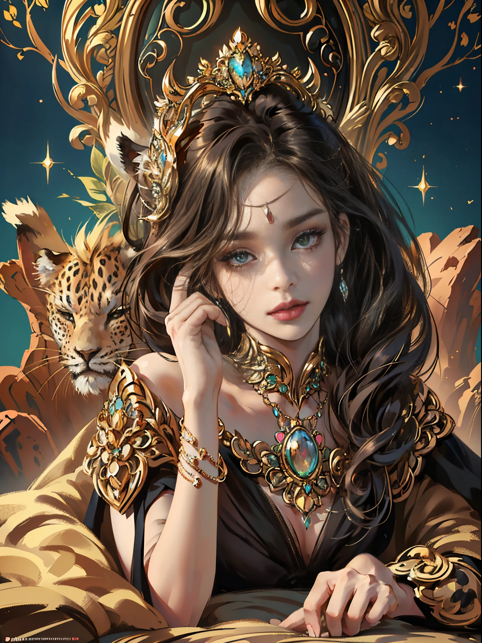 leopard motif、Vibrant colors、((​masterpiece)))、(((top-quality)))、((ultra-detailliert))、(A hyper-realistic)、(highly detailed CGillustration）、Official art、Land of Africa、Gorgeous、Elegance、supreme elegance、exoticism、Decadent、Brown-skinned、Black Beauty、bewitching、Finest beauties、sophisticated menegance、Gorgeous、Colorful and detailed mask design、matchless beauty、extremely detailed and beautiful eyes、Woman in her 30s、Sparkling Jewelry、Female Solo、Perfect Angle、perfect-composition、Well-formed contours